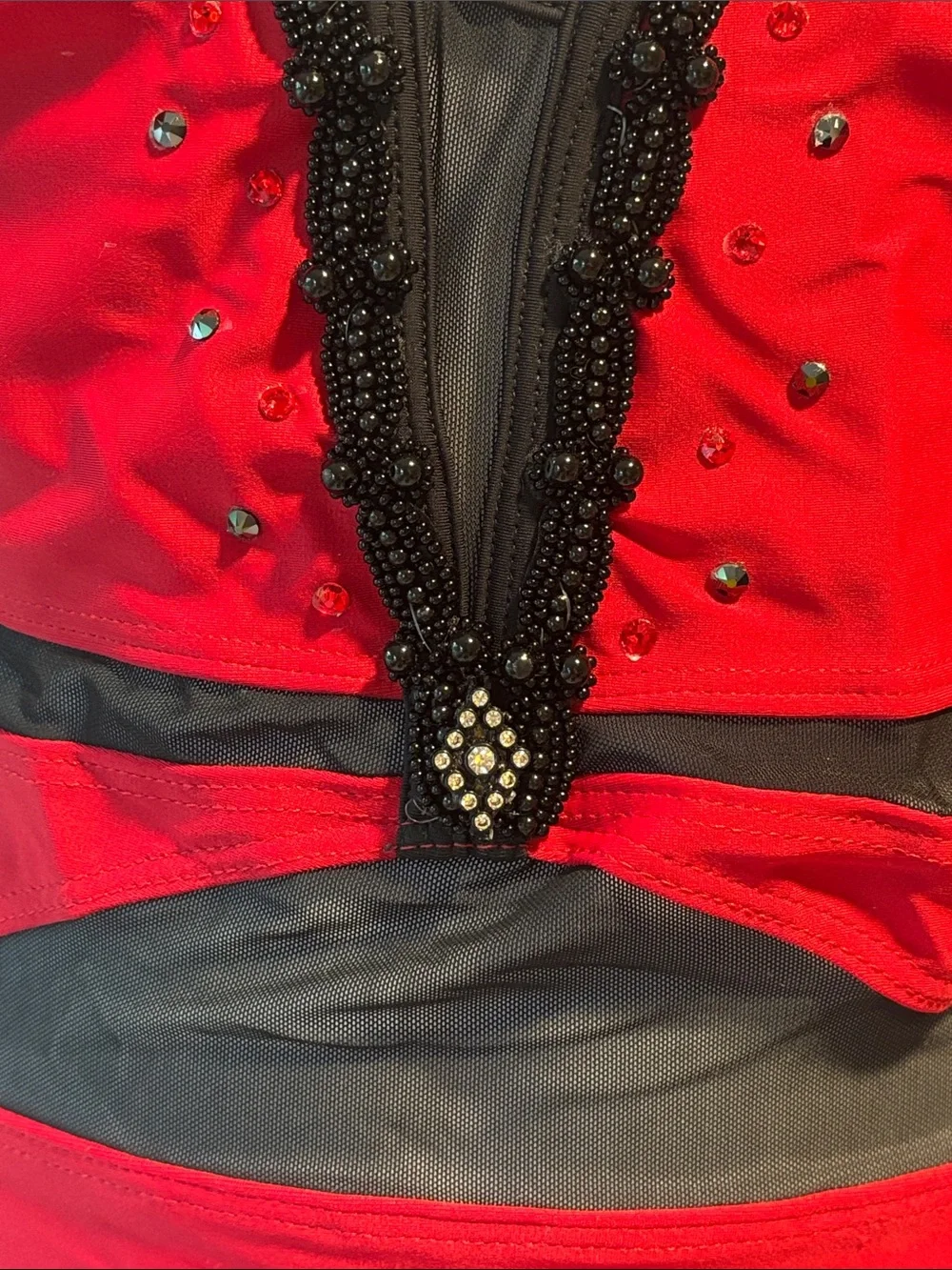 Red and Black Mesh Detail One-Piece Dance Costume Leotard